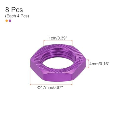 MECCANIXITY Aluminum 17mm RC Wheel Nut Thread M12x1.0mm Hex Wheel Nuts RC Wheel Nut for 1/8 RC Model Car Trucks Off Road Car Upgraded Parts Pack of 8(Purple & Gold) - color: Purple & Gold