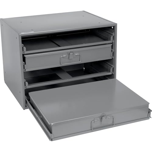 Global Industrial Durham Steel Compartment Box Rack, 20"L x 15-3/4"W x 15"H | Four Adjustable Divider Compartment Boxes, 18"L x 12"W x 3"H Boxes