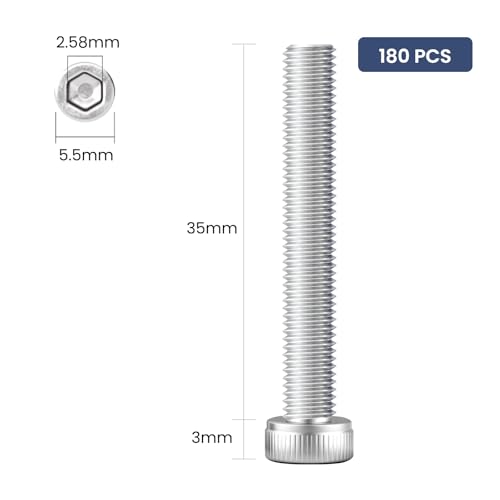 180pcs M3 x 35mm Hex Socket Head Cap Screws Bolts, 304 Stainless Steel 18-8, Allen Socket Drive,Bright Finish, Full Threads,with Hex Spanner - size: M3 x 35mm