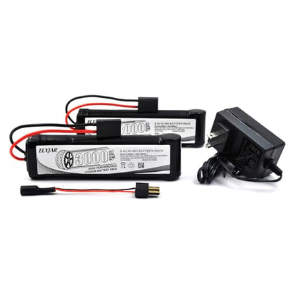 (2-Pack) 8.4V 3000mAh Ni-MH Battery with TRX Plug for RC Vehicles | For Tamiya, Traxxas, LOSI, Associated, HPI and Kyosho RC cars, trucks, boats and buggies; includes 4.8V–12V charger. - color: (2-Pack) 8.4V 3000mAh TRX