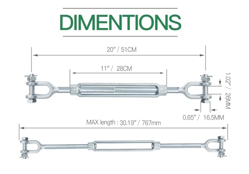 3/4" Jaw Jaw Turnbuckle Galvanized Jaw and Jaw Turnbuckle, Jaw Jaw Closed Body Marine Turnbuckle Jaw, 8000lbs Working Load Limit, Durable for Wire Rope Cable (3/4" x 9") - style: Jaw & Jaw-3/4 x 9