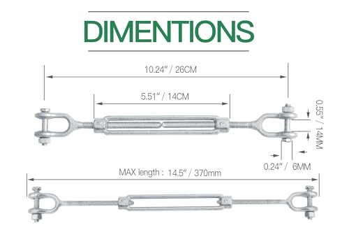 5/16" Jaw Jaw Turnbuckle Galvanized Jaw and Jaw Turnbuckle, Jaw Jaw Closed Body Marine Turnbuckle Jaw, 2500lbs Working Load Limit, Durable for Wire Rope Cable (5/16" x 4-1/2") - style: Jaw & Jaw-5/16 x 4-1/2