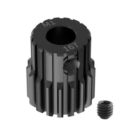 Pinion Motor Gear, M1 16T, 3/16 in (5mm) Shaft Hole | M1 Pitch 16 Teeth, 1045 Hardened Carbon Steel, 3/16 Inch Shaft Hole, RC Motor Pinion Upgrade, for 1/10 RC Brushless Crawler - size: M1 16T