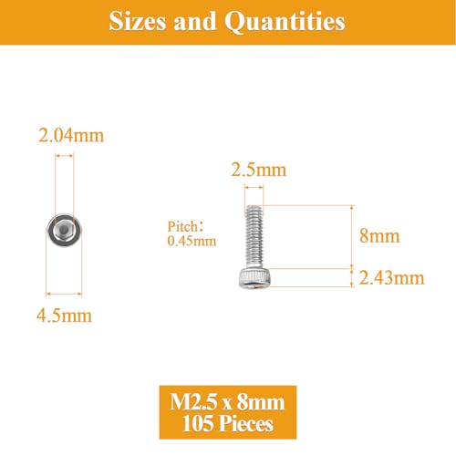 105 Pieces M2.5 x 8mm Socket Head Cap Screws, Thread Pitch 0.45mm, Sutemribor M2.5 Screws, 304 Stainless Steel, Fully Threaded, Silver - size: M2.5 x 8mm, style: Socket Head