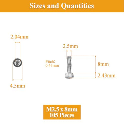 105 Pieces M2.5 x 8mm Socket Head Cap Screws, Thread Pitch 0.45mm, Sutemribor M2.5 Screws, 304 Stainless Steel, Fully Threaded, Silver - size: M2.5 x 8mm, style: Socket Head
