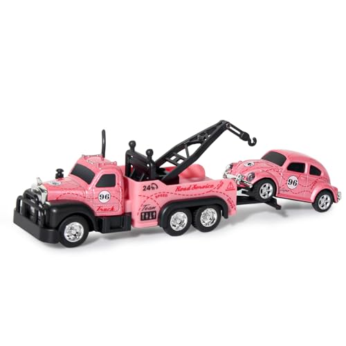 Mini Rc Truck,Tow Trucks Toy with Mini Metal Car Set 2PCS,City Service Vehicle Remote Control Tow Truck Toys for Kids Boys Gifts 3-5 4-7 8-12 Years Old, 1:64 Scale Cars Trailer Toy with Light (Pink) - color: Pink