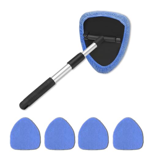 4 Pack Windshield Cleaning Tool with Extendable Handle, Blue | aluminum ABS and microfiber body, pivoting head, reusable cloth pads, fits most vehicle glass, auto cleaning tools - color: Blue