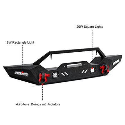 Front Bumper + Rear Bumper for 2007-2018 Wrangler JK, AAIWA Offroad Steel Bumper Full Width with 2" Hitch Receiver, LED Light Bars and D-rings - size: 2007-2018 JK Bumper with lights