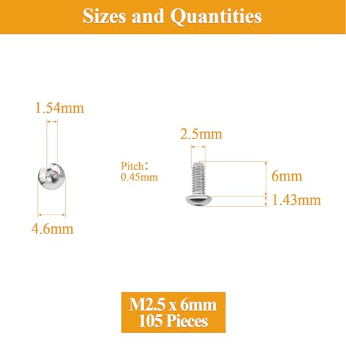 105 Pieces M2.5 x 6mm Button Head Socket Cap Screws, Thread Pitch 0.45mm, Sutemribor M2.5 Screws, 304 Stainless Steel, Fully Threaded, Silver - size: M2.5 x 6mm, style: Button Head