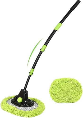 57'' Car Wash Brush with Long Handle Chenille Microfiber Car Wash Kit Mitt Retractable Bent Pole Car Wash Mop for Cars RV Truck Boat (Green-2) - color: Green-2