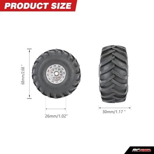 RCAWD 71.6g*4pcs SCX24 & FCX24 Brass Weighted & Bigger Wheels & Tires 1.0 Beadlock Upgrades, 68 * 33mm, 7mm Hex Adapter Parts 1/24 RC Crawlers Silver