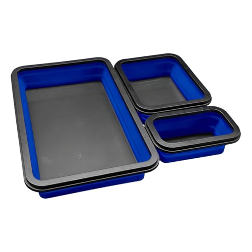 3PCS Collapsible Magnetic Parts Tray Set, Silicone Heavy-Duty Tool Tray with Strong Magnetic Base, Foldable Auto Organizer for Bolts, Nuts, Washers & Other Small Metal Parts (Blue)