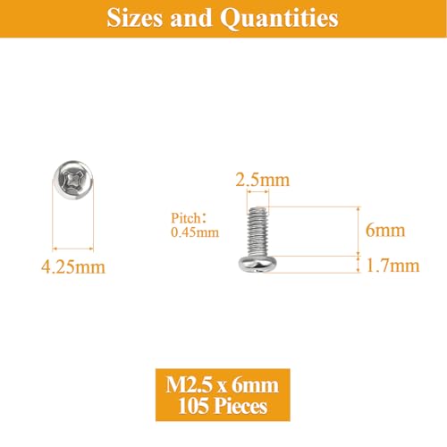 105 Pieces M2.5 x 6mm Machine Screws, Thread Pitch 0.45mm, Sutemribor M2.5 Phillips Pan Head Machine Screws, 304 Stainless Steel, Fully Threaded, Silver - size: M2.5 x 6mm, style: Phillips Pan Head