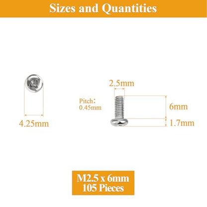 105 Pieces M2.5 x 6mm Machine Screws, Thread Pitch 0.45mm, Sutemribor M2.5 Phillips Pan Head Machine Screws, 304 Stainless Steel, Fully Threaded, Silver - size: M2.5 x 6mm, style: Phillips Pan Head