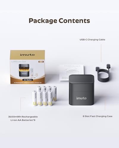 imuto Rechargeable AA Batteries with Charger, 3600mWh 8 Pack 1.5V 2A Output | aa Lithium Batteries, 8 Slot Storage Case, 2500+ Cycles Life, 3H Fast Charging for Smart Lock, Xbox Series, Blink Camera