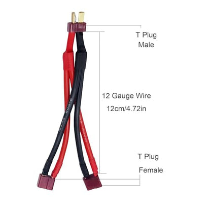2Packs T Parallel Y Splitter Battery Connector 12AWG Cable Dual Extension Y Splitter Male to 2 Female for RC Quadcopte Multirotors RC LiPo Battery - style: T Plug Parallel (1 Male to 2 Female）