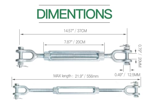 5/8" Jaw Jaw Turnbuckle Galvanized Jaw and Jaw Turnbuckle, Jaw Jaw Closed Body Marine Turnbuckle Jaw, 5000lbs Working Load Limit, Durable for Wire Rope Cable (5/8" x 6") - style: Jaw & Jaw-5/8 x 6