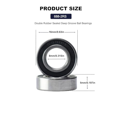 20 PCS 688-RS Double Shielded Ball Bearings 8x16x5 mm, High Speed Chrome Steel, Pre-Lubricated for Smooth RPM Performance - size: 688-RS