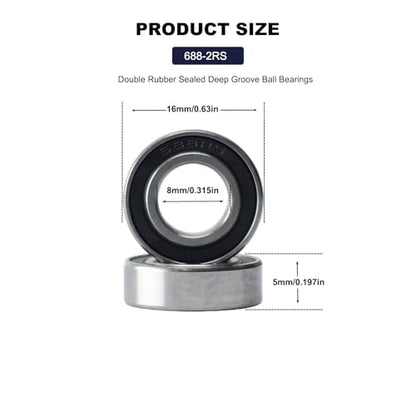 20 PCS 688-RS Double Shielded Ball Bearings 8x16x5 mm, High Speed Chrome Steel, Pre-Lubricated for Smooth RPM Performance - size: 688-RS