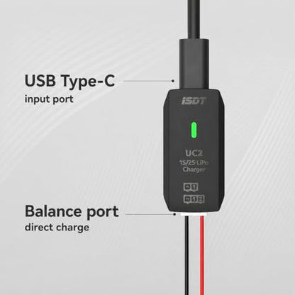 ISDT UC2 Mini 1S/2S LiPo Charger, USB Type-C 5V 2A Input, 0.8A Balanced Pocket Charger with XH 2.54 Interface