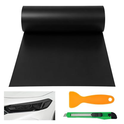 Car Light Tint Film, 12" × 48" Waterproof Headlight Vinyl Wrap Film Includes Squeegee & Cutter, Self-Adhesive Air-Release Wrap for Fog Lights, Taillights, and Headlights (Matte Black) - color: Matte Black