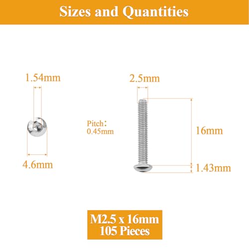 105 Pieces M2.5 x 16mm Button Head Socket Cap Screws, Thread Pitch 0.45mm, Sutemribor M2.5 Screws, 304 Stainless Steel, Fully Threaded, Silver - size: M2.5 x 16mm, style: Button Head