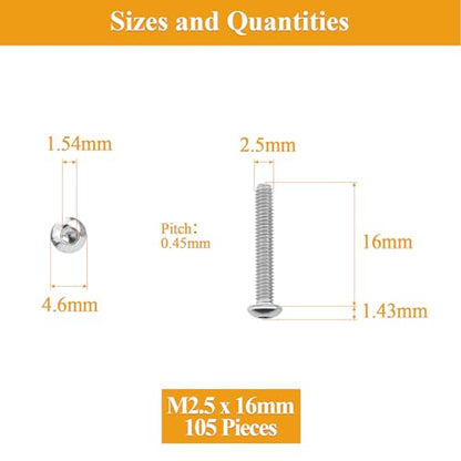105 Pieces M2.5 x 16mm Button Head Socket Cap Screws, Thread Pitch 0.45mm, Sutemribor M2.5 Screws, 304 Stainless Steel, Fully Threaded, Silver - size: M2.5 x 16mm, style: Button Head