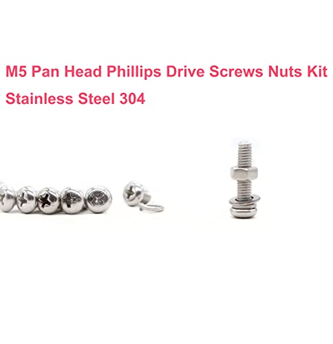 cSeao 220pcs M5 6mm / 8mm/ 10mm/ 12mm/ 16mm/ 20mm Pan Head Machine Screws Washers Hex Nuts Assortment Kit, Phillips Drive, 304 Stainless Steel - size: M5