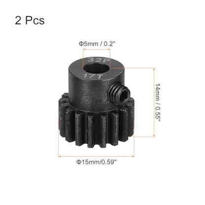 MECCANIXITY 2 Pcs RC 32P Hardened Pinion Gear 5mm Shaft, 17T Motor Gears Carbon Steel for 1/10 RC Model Car Boat Drone - style: 17T
