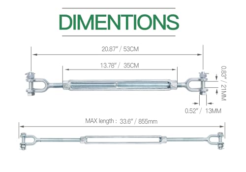 5/8" Jaw Jaw Turnbuckle Galvanized Jaw and Jaw Turnbuckle, Jaw Jaw Closed Body Marine Turnbuckle Jaw, 5000lbs Working Load Limit, Durable for Wire Rope Cable (5/8" x 12") - style: Jaw & Jaw-5/8 x 12