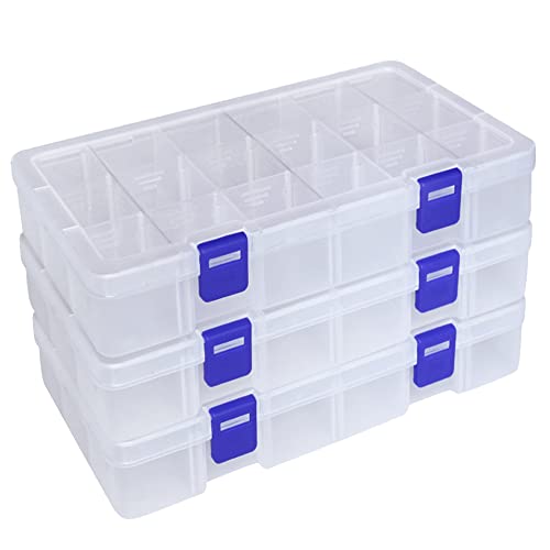 Qualsen 3 Pack 18 Grid Plastic Organizer Box with Adjustable Dividers, Bead Organizer Box for Jewelry, Beads, Earrings, Tools, Fishing Hooks, and Small Accessories - size: 18 Gird-3pcs