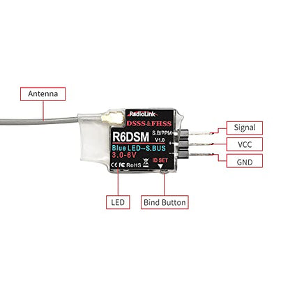 Radiolink R6DSM 2.4Ghz 10 Channels Micro RC Receiver SBUS/PPM for Mini FPV Racing Drone, Quadcopters Aircraft, AT9S AT9S Pro/AT10/AT10II Transmitter