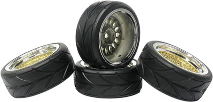 4PCS 64mm Rubber Tires and Plastic Wheel Rims Set 12mm Hex Replacement Part for Sakura Tamiya TT02 HPI HSP Kyosho 1/10 RC On Road Run-flating Touring Racing Car Tyre(Gold Silver,Offset:6MM) - color: Gold Silver, size: Offset:6mm