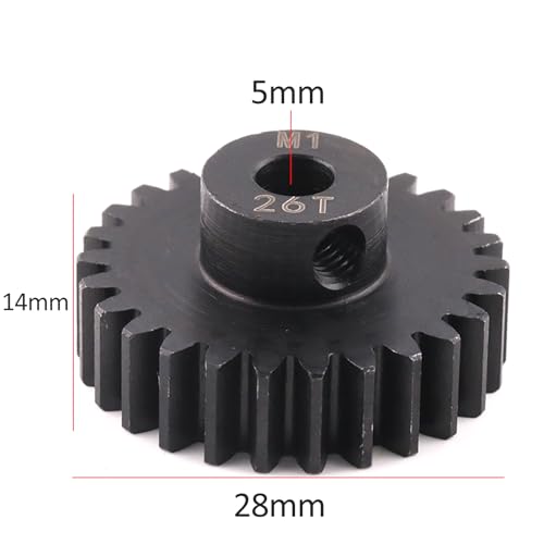 Steel Mod1 5mm Pinion Gear 1PCS, 11-28 M1 Pinion Gear Metal Hardened Steel Fit 5mm RC Motor Shaft with 3.175mm Coupler Compatible with 1/5 1/6 1/8 1/10 1/14 RC Brushless Brush Motor (26T) - size: 26T