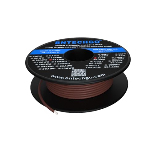 BNTECHGO 14 Gauge Silicone Wire Brown 50ft Stranded Tinned Copper Wire | Flexible 14 AWG Stranded Wire Silicone Rubber Insulation For RC Models, Drone, Robot, Battery, EV Charger, 3D Printer, DIY - color: Brown, size: silicone wire 50ft