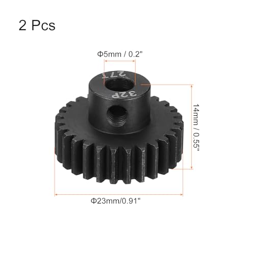 MECCANIXITY 2 Pcs RC 32P Hardened Pinion Gear 5mm Shaft, 27T Motor Gears Carbon Steel for 1/10 RC Model Car Boat Drone - style: 27T