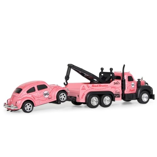 Mini Rc Truck,Tow Trucks Toy with Mini Metal Car Set 2PCS,City Service Vehicle Remote Control Tow Truck Toys for Kids Boys Gifts 3-5 4-7 8-12 Years Old, 1:64 Scale Cars Trailer Toy with Light (Pink) - color: Pink