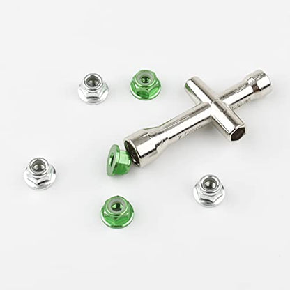 16pcs M4 Lock Nuts Set for 1/10 RC Car - Green Aluminum & Silver Steel with Hex Driver | RC Tool Kit & Nut Driver for Traxxas Axial Tamiya Wheel Replacement - color: Green & Silver