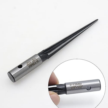 6-Flute Tapered Reamer 1/8 to 1/2 Inch T Handle for Guitar Luthier | 45 carbon steel, 1/4 inch hex shank compatible, chamfer reaming tool, bridge pin hole sizing, instrument repair use