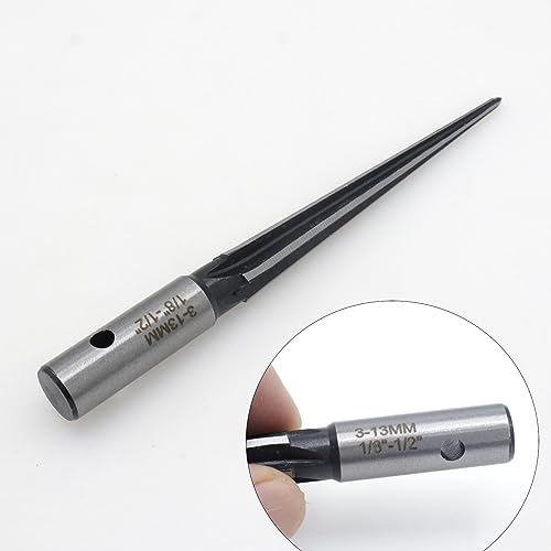 6-Flute Tapered Reamer 1/8 to 1/2 Inch T Handle for Guitar Luthier | 45 carbon steel, 1/4 inch hex shank compatible, chamfer reaming tool, bridge pin hole sizing, instrument repair use