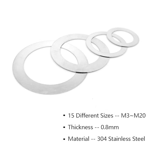 320pcs Flat Washer Assortment Kit, 304 Stainless Steel Thin Gasket 0.5/0.8/1mm Thickness, 15 Different Assorted Sizes M3~M20 Shim Washers for Bolt Screws(0.8mm Thickness Kit) - size: 0.8mm Thickness Kit