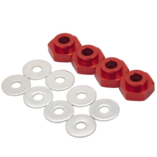 4PCS Aluminum Alloy 12mm Turn to 17mm Wheel Rim Hex Adapter Drive Hub Conversion Extension Compatible with Tamiya Axial Traxxa HPI Himoto HSP Losi Kyosho RC 1/10 On-Road Car Tires (Red) - color: Red