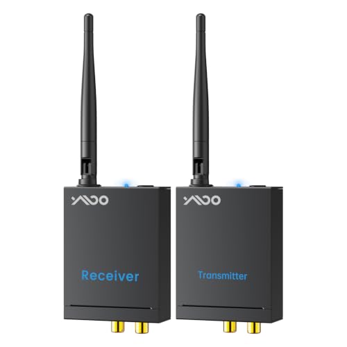 YMOO 2.4Ghz Wireless Audio Transmitter Receiver (1 TX+1 RX) for Home Audio | 20ms Ultra Low Latency 320ft Long Range RCA Jack Adapter for Powered Speaker/Soundbar to TV/PC/CD Player/Computer/Projector