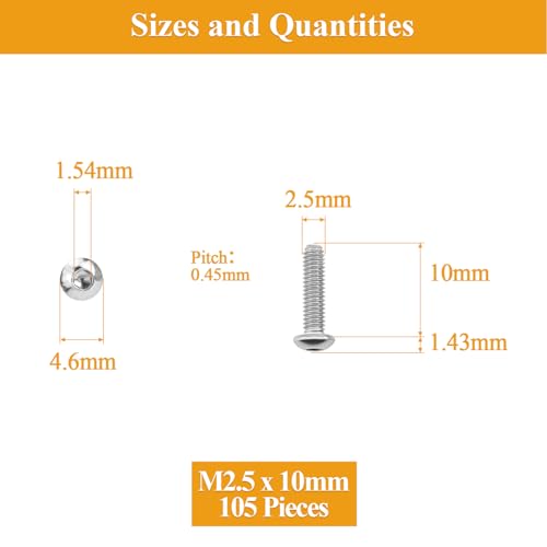 105 Pieces M2.5 x 10mm Button Head Socket Cap Screws, Thread Pitch 0.45mm, Sutemribor M2.5 Screws, 304 Stainless Steel, Fully Threaded, Silver - size: M2.5 x 10mm, style: Button Head