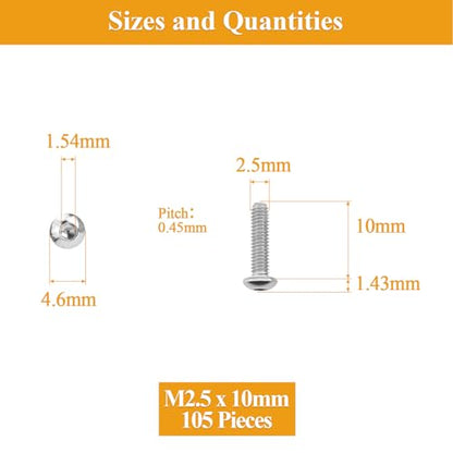 105 Pieces M2.5 x 10mm Button Head Socket Cap Screws, Thread Pitch 0.45mm, Sutemribor M2.5 Screws, 304 Stainless Steel, Fully Threaded, Silver - size: M2.5 x 10mm, style: Button Head