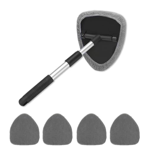 4 Pack Windshield Cleaning Tool with Extendable Handle, Gray | aluminum ABS and microfiber body, pivoting head, reusable cloth pads, fits most vehicle glass, auto cleaning tools - color: Gray