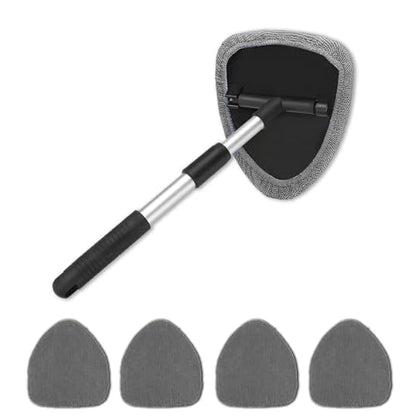4 Pack Windshield Cleaning Tool with Extendable Handle, Gray | aluminum ABS and microfiber body, pivoting head, reusable cloth pads, fits most vehicle glass, auto cleaning tools - color: Gray