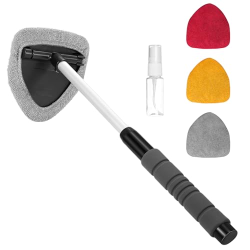 Windshield Cleaning Tool, Car Window Cleaner Tool, Vehicle Window Cleaning Kit with Extendable Handle & 4 Washable Microfiber Pad, Auto Interior Exterior Glass Wiper Cleaner for Office Home