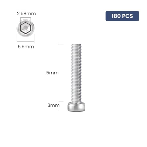 180pcs M3 x 5mm Hex Socket Head Cap Screws Bolts, 304 Stainless Steel 18-8, Allen Socket Drive,Bright Finish, Full Threads,with Hex Spanner - size: M3 x 5mm