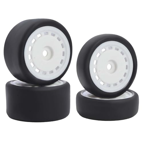 4PCS Pre-Glued On-Road Drift Racing Smooth Rubber Tires and Wheel Rims Set 7MM Hexagon for 1/24 Losi Micro-B RC Car Upgrades Parts (White) - color: White